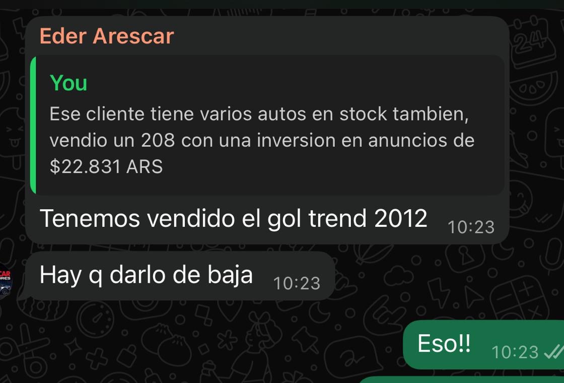 Captura de WhatsApp donde Aresescar reporta la venta de un Gol Trend 2012.