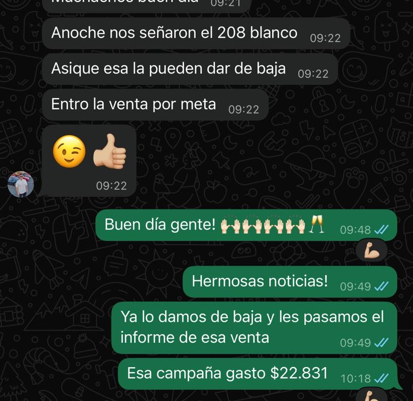 Captura de WhatsApp donde Shine Cars reporta la seña de un Peugeot 208 blanco por una campaña de Meta.