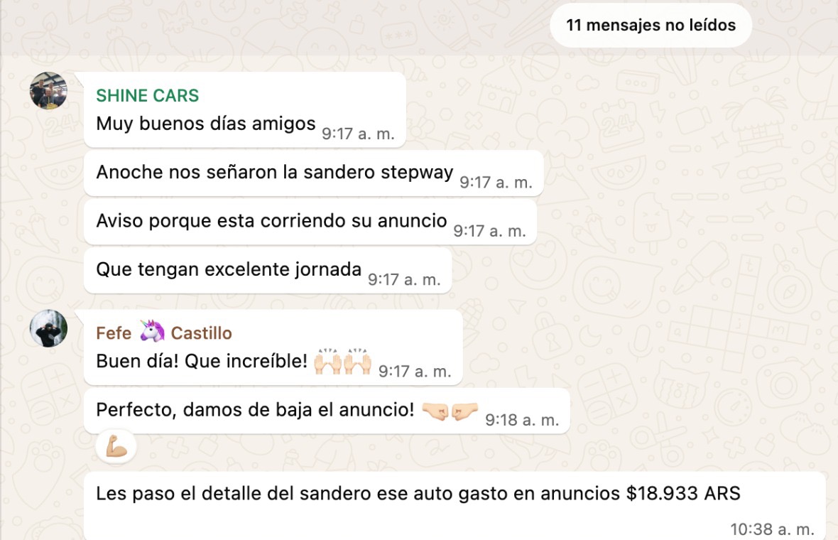 Captura de WhatsApp donde Shine Cars reporta la seña de una Sandero Stepway y el gasto de anuncios.